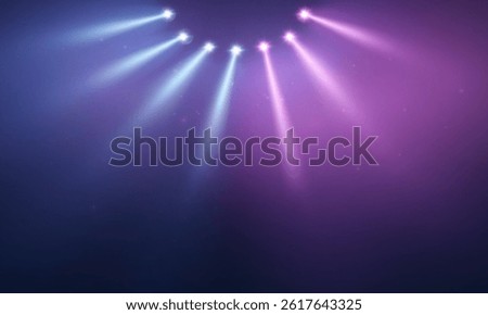 Circular array of glowing stage spotlights with purple and blue beams on a dark gradient background. Ideal for concert designs, event promos, or dramatic lighting effects.