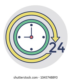 A circular arrow with 24 hr sign around the clock concept of full time service