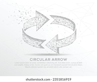 Circular arrow abstract mash line and composition digitally drawn in the form of broken a part triangle shape and scattered dots low poly wire frame. svg