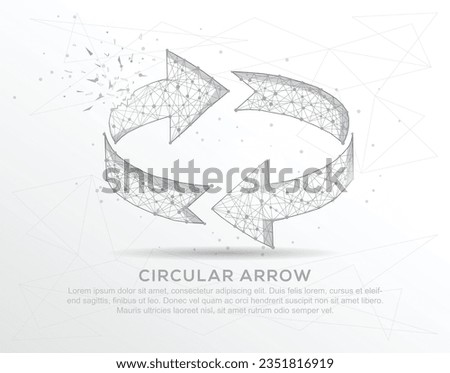 Circular arrow abstract mash line and composition digitally drawn in the form of broken a part triangle shape and scattered dots low poly wire frame.
