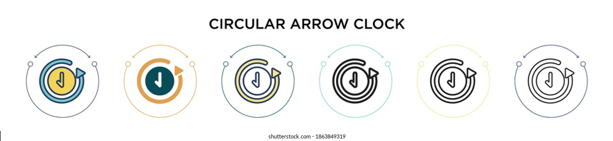 Circular arrow clock icon in filled, thin line, outline and stroke style. Vector illustration of two colored and black circular arrow clock vector icons designs can be used for mobile, ui, web