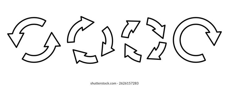 circular arrow collection. Set of rotate arrows vector icons. Collection Of Recycle Circle Icons. Round reload sign, repeat icon, rotate arrow symbol, arrow pictogram. Vector illustration