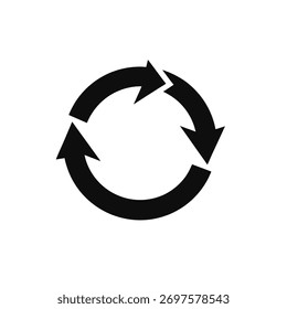 Ilustración de ciclo de flecha circular en blanco y negro: símbolo estilizado para reciclaje, proceso y continuidad
