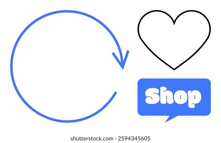 Circular arrow, heart outline, and blue shop speech bubble. Ideal for shopping, marketing, e-commerce, online stores, retail promotions. Simple, modern outline style