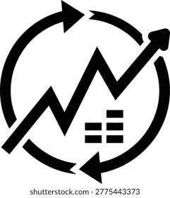 A circular arrow icon encompassing a growing line graph and a data grid representing continuous business improvement and financial analysis