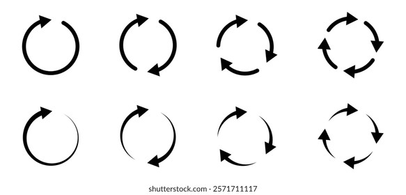 circular arrow icon set. refresh and reload icon set. recycle arrow vector icon, recycling symbol, reuse sign, recycle eco icon, decompose, eco friendly, vector illustration on transparent background
