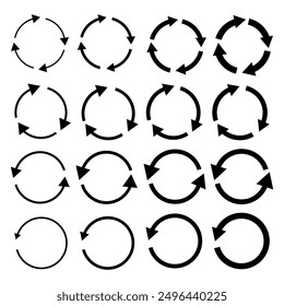 Circular arrow icons. Black recycle symbols. Set of sixteen vector elements. Cycle and loop signs.