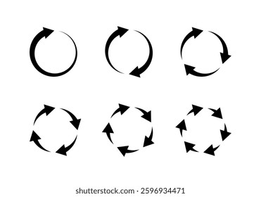 Circular arrow icons repeating in a cycle. Round sign of refresh, loading or synchronization process. Collection of vector illustrations isolated on white background.