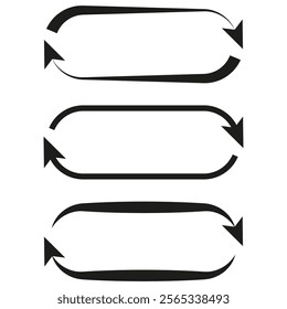 Circular arrow icons. Rotational direction symbols. Black and white vector. Recycle process shapes.