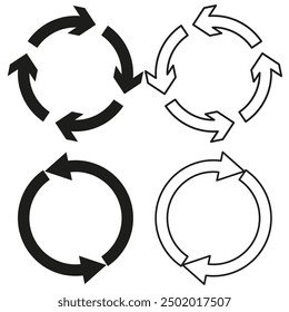 Conjunto de iconos de flecha circular. Blanco y negro. Reciclar y rotar símbolos. Ilustración vectorial.