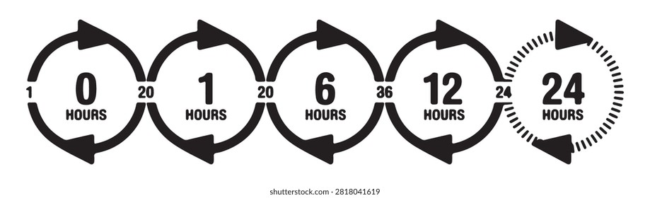 Circular arrow icons time progression zero twenty four hours vector graphic, cycle, rotation, time lapse, duration.