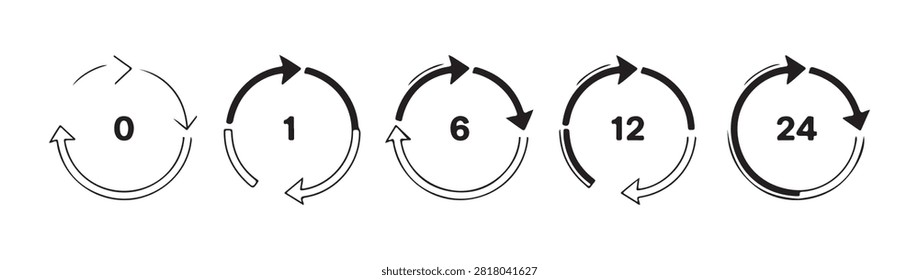 Circular arrow icons time progression zero twenty four hours vector graphic, cycle, rotation, time lapse, duration.