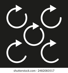 Iconos de flecha circulares. Flechas blancas sobre negro. Símbolos de rotación y actualización. Patrón de Vector sin costuras.