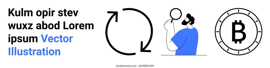 Seta circular indica ação repetida, pessoa estuda dados com lupa, símbolo Bitcoin. Ideal para finanças, criptomoeda, tecnologia blockchain, aprendizagem, análise, pesquisa, blockchain