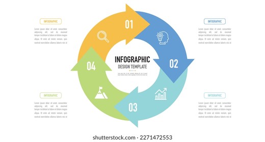 Circular arrow infographic business template or element as a vector including 4 connected step, process on white background with colorful label, icons, simple, modern, minimalist style, presentation 