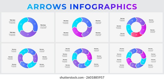 Circular Arrow Infographics for Business Workflow and Data Visualization with 3, 4, 5, 6, 7 and 8 options, steps or processes