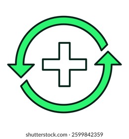 Circular arrow with medical cross icon representing fitness recovery, muscle healing, and rest period, editable stroke
