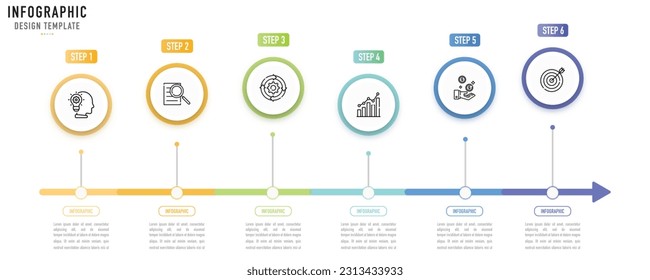 Circular and arrow mind map infographic template or element with 6 step, process, option, colorful circle, label, icons, bar, button, thin line, minimal, modern style for sale slide, flowchart, web