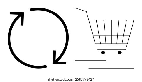 Circular arrow next to a shopping cart, emphasizing sustainability and shopping. Ideal for eco-friendly shopping guides, sustainability blogs, business presentations, consumer education, and waste