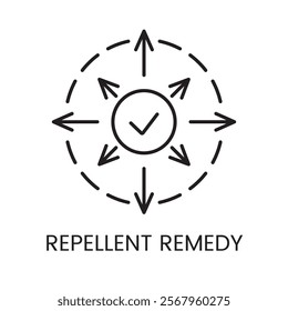 A circular arrow pattern with a checkmark icon in vector, symbolizing effective protection by a repellent remedy, with an editable stroke.