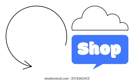 Circular arrow pointing to a cloud with shop text inside a blue speech bubble. Ideal for online store logos e-commerce symbols digital marketplaces shopping websites and promotional materials. Simple