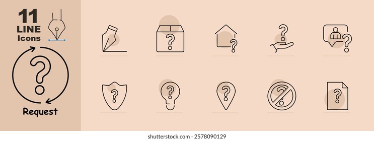 Circular arrow with question, pencil, box, house, shield, location pin, file, person, prohibition sign. Relates to query, user support, and feedback