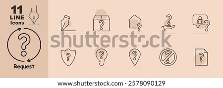 Circular arrow with question, pencil, box, house, shield, location pin, file, person, prohibition sign. Relates to query, user support, and feedback