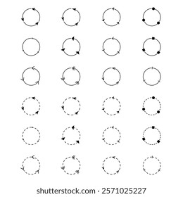 Circular Arrow Set Vector Illustration. Each row features variations of circular designs, including solid and dashed circles, arrows in different styles and directions.