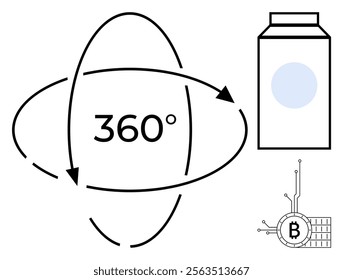 Circular arrow symbol with 360-degree rotation, a minimalist milk carton, and a Bitcoin icon. Ideal for technology, digital transformation, modern design, financial services, user interfaces. Vector