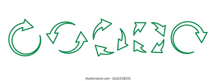Seta circular. Símbolo de recarregar, atualizar, carregar, reciclar e repetir. Conjunto de Sinais de Atualização. Repita a seta. Setas vetoriais.