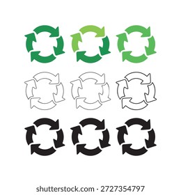 Kreisförmige Pfeilsymbole rotieren in grün schwarz-weiß, einzeln auf sauberem Hintergrund, minimalistisches Design, umweltfreundliches Konzept