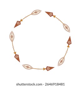 A circular arrow wreath in a rustic boho style with earthy colors. The hand-drawn tribal arrows feature intricate folk art patterns, ideal for logos or spiritual designs. 