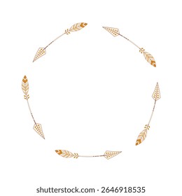 A circular arrow wreath in a rustic boho style with earthy colors. The hand-drawn tribal arrows feature intricate folk art patterns, ideal for logos or spiritual designs. Isolated 