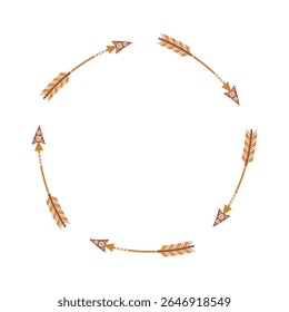 A circular arrow wreath in a rustic boho style with earthy colors. The hand-drawn tribal arrows feature intricate folk art patterns, ideal for logos or spiritual designs. Isolated 