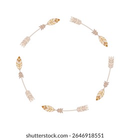 A circular arrow wreath in a rustic boho style with earthy colors. The hand-drawn tribal arrows feature intricate folk art patterns, ideal for logos or spiritual designs. Isolated 