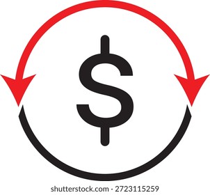 Flechas circulares alrededor de un símbolo de dólar que ilustran el flujo inverso del dinero, el retorno financiero, el reembolso, el gasto o el retroceso de la transacción.