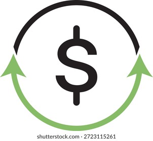 Setas circulares ao redor de um símbolo de dólar representando atualização de moeda, ciclo financeiro, troca e fluxo de caixa contínuo.