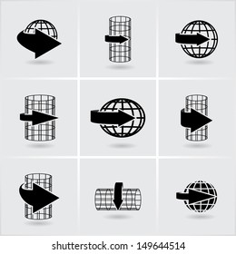 circular arrows around the globes and cylinders. vector icons. eps10