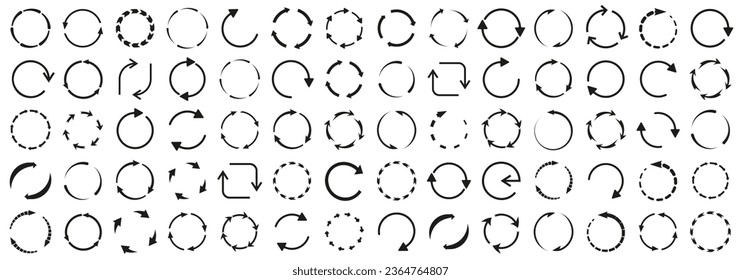 Circular arrows in black. Set of reload, refresh, reset symbols. Circle arrow icons. Simple arrows icons