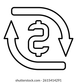 Circular arrows and currency letter thin line icon, bank account concept. Vector graphics. Money currency exchange, cycle sign on white background, linear style for mobile or design