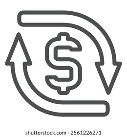 Circular arrows and dollar line icon, bank account concept. Vector graphics. Money currency exchange cycle sign on white background, outline style icon for mobile or web design