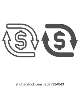 Circular arrows and dollar line and solid icon, bank account concept. Vector graphics. Money currency exchange cycle sign on white background, outline style icon for mobile or web design