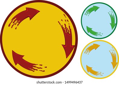 Circular arrows with drips of paint. Depending on the color, the sign may carry different semantic meaning.