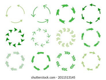 Circular arrows flat green nature color, different thickness. loading and recycle symbol. Infographic design elements, business strategy statistics diagrams. Loop refresh reload and rotation sign set.