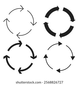 Circular arrows icon. Black cycle rotation. Minimal direction symbols. Continuous flow concept.