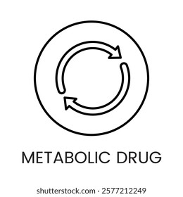 A circular arrows icon in vector, symbolizing metabolic drug processes or cycles, with an editable stroke.