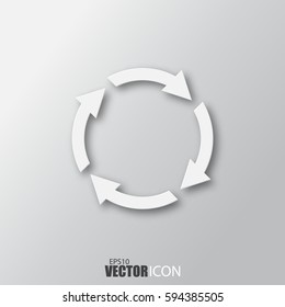 Circular arrows icon in white  style with shadow isolated on grey background. For your design, logo. Vector illustration.