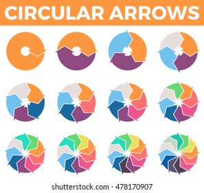 Circular arrows for infographics with 1, 2, 3, 4, 5, 6, 7, 8, 9, 10, 11, 12 steps, parts.