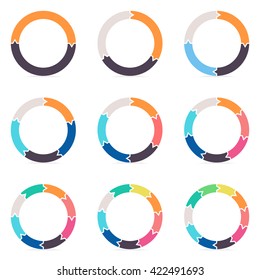 Circular arrows for infographics. Charts, diagrams with 2, 3, 4, 5, 6, 7, 8, 9, 10 steps, parts. Vector design templates.