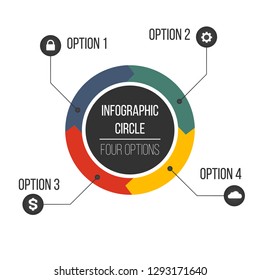 Circular arrows for infographics with markers and extra icons. Chart, graph, diagram with 4 steps, options, parts. Vector business template isolated on white background.